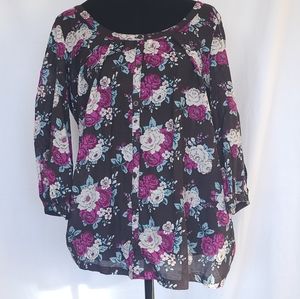 H&M Women's Floral Blouse Purple Size 12 L Sheer Button Up Colorful Bell Sleeves